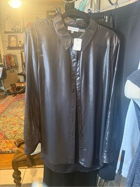 Calvin Klein Women’s Shiny Black Button-Front Shirt Jacket